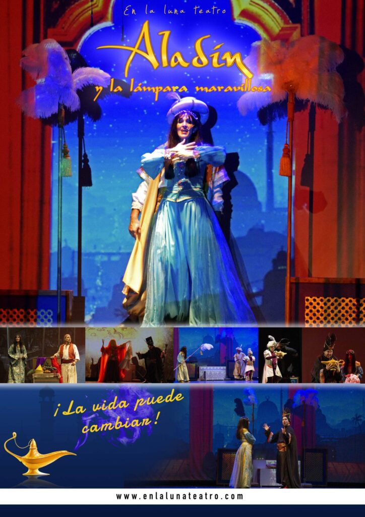 Cartel de la obra de teatro musical familia "Aladín" de la compañía En la Luna Teatro
