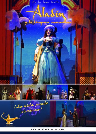 Cartel de la obra de teatro musical familia "Aladín" de la compañía En la Luna Teatro